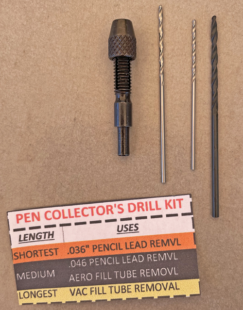 ITEM #DRILLS: PEN COLLECTORS DRILL KIT. 3 small diameter bits and a micro chuck for handling two of them. These bits can be used for the following applications in pen/pencil repair: